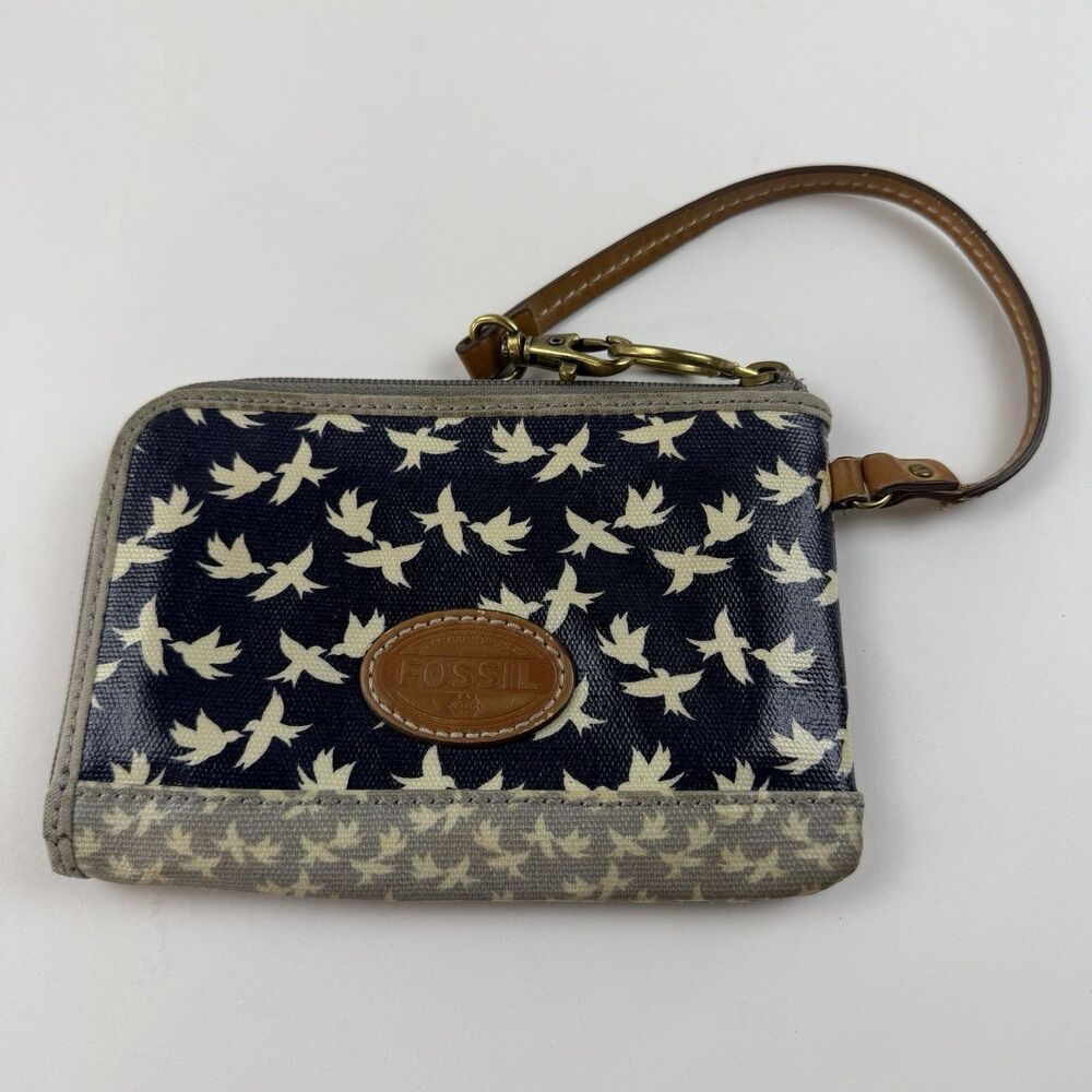Fossil Coated Canvas Bird Print Zip Wallet Blue Grey Wristlet Boho Whimsy Retro